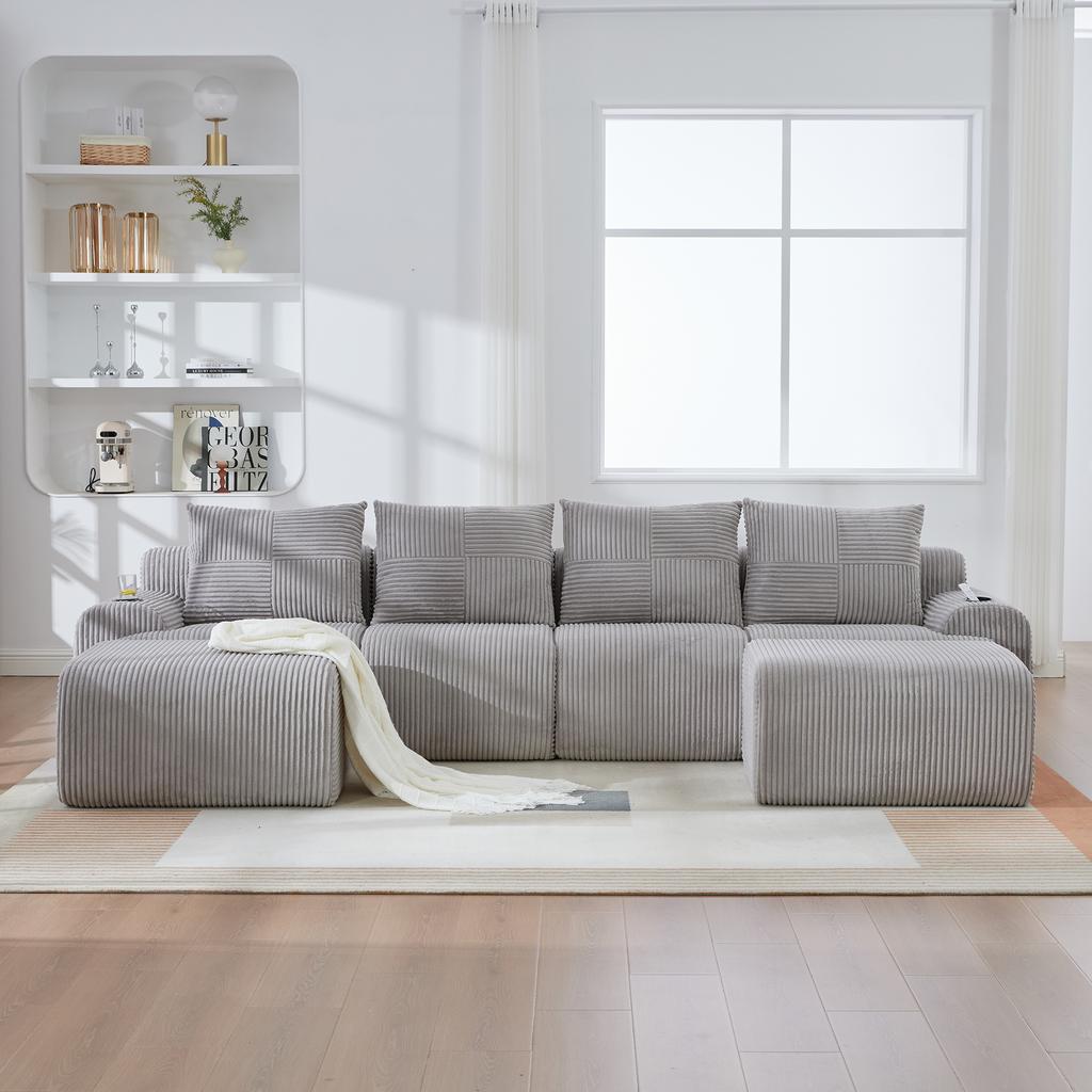 Modular Corduroy Sofa for 4 People (with 2 Stools), Freely Combinable, Including Drink Holder and Storage Pocket, Ideal for Living Room. Light Gray