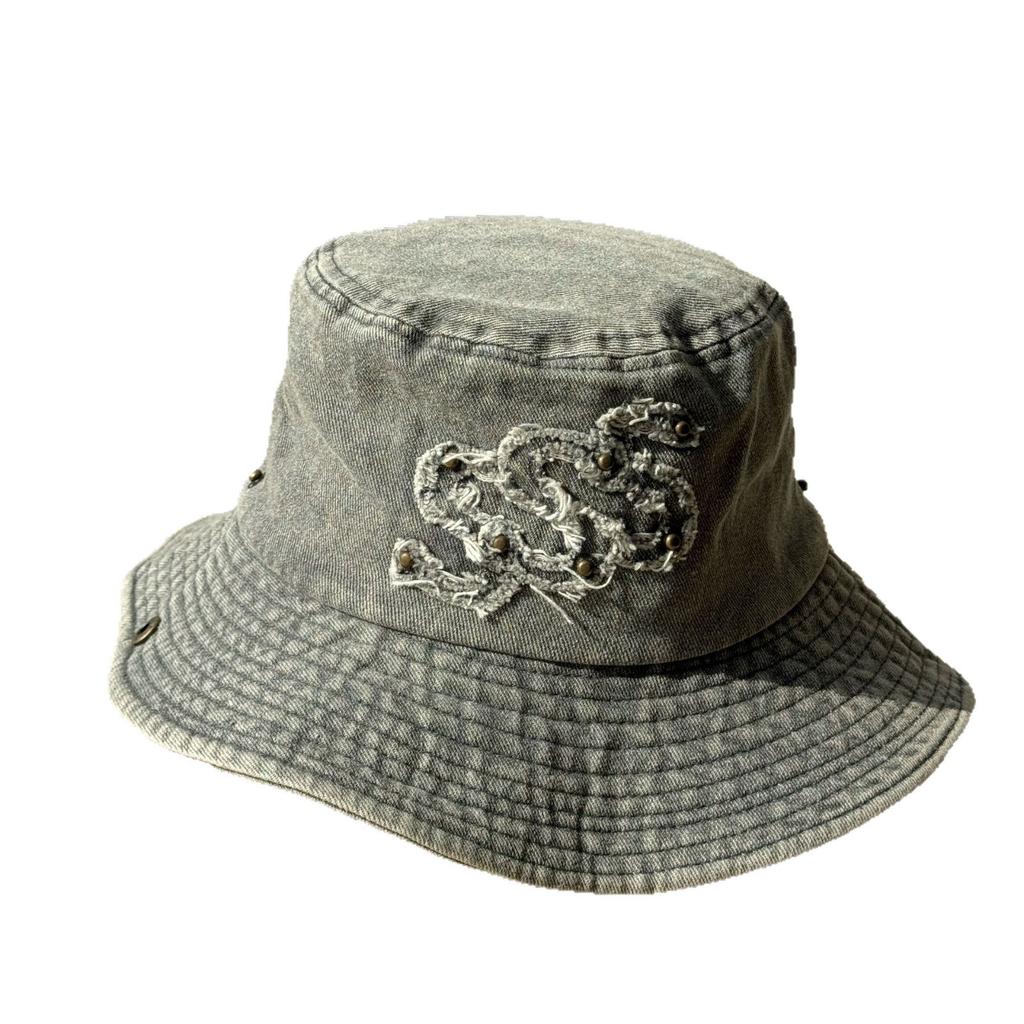 Vintage street style washed wide-brimmed sun protection embroidered fisherman hat for women, camping bucket hat, western cowboy hat