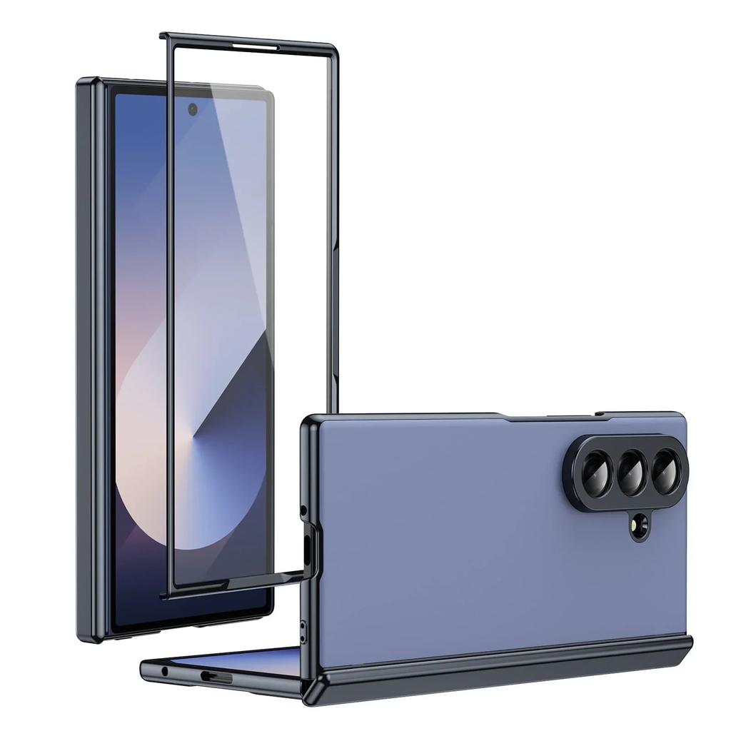 Matte Leather Golden Border Phone Case with Steel Film for Samsung Galaxy Z Fold 7 6 5 4 3 Fold6 Fold5 Hinge Protection Cover