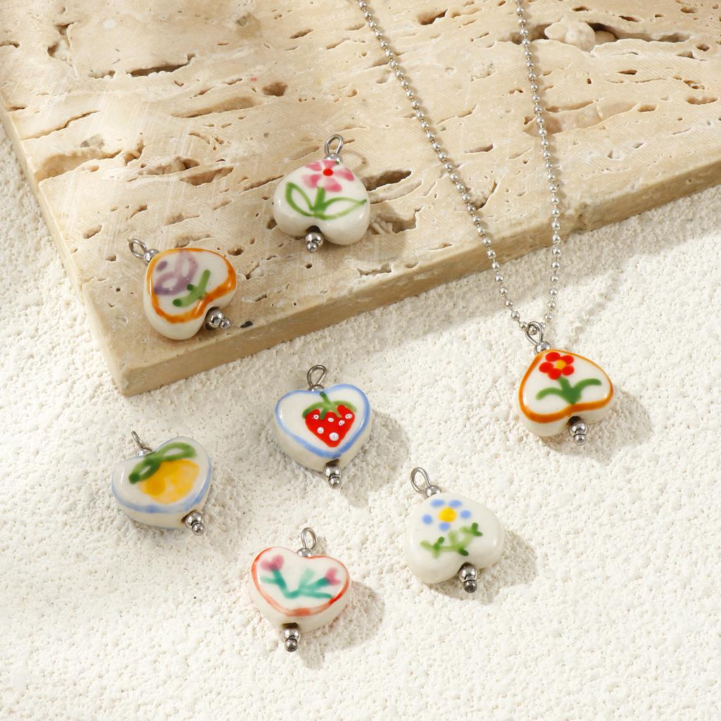 2Pcs Resin Double-Sided Charms Heart Painted Flower Strawberry 304 Stainless Steel Pendants For DIY Necklace Making 21mmx15mm