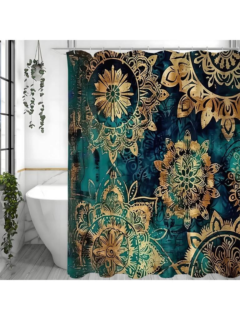 Gold Floral Green Shower Curtain, Bathroom Decorative Shower Curtain, Waterproof Shower Curtain with Hooks