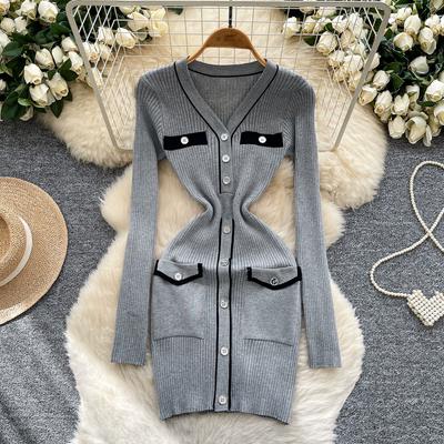 Printemps Automne Femmes Col V Manches Longues Pull Tricoté Fête Mini Court Pull Robes Fourreau Avec Poche