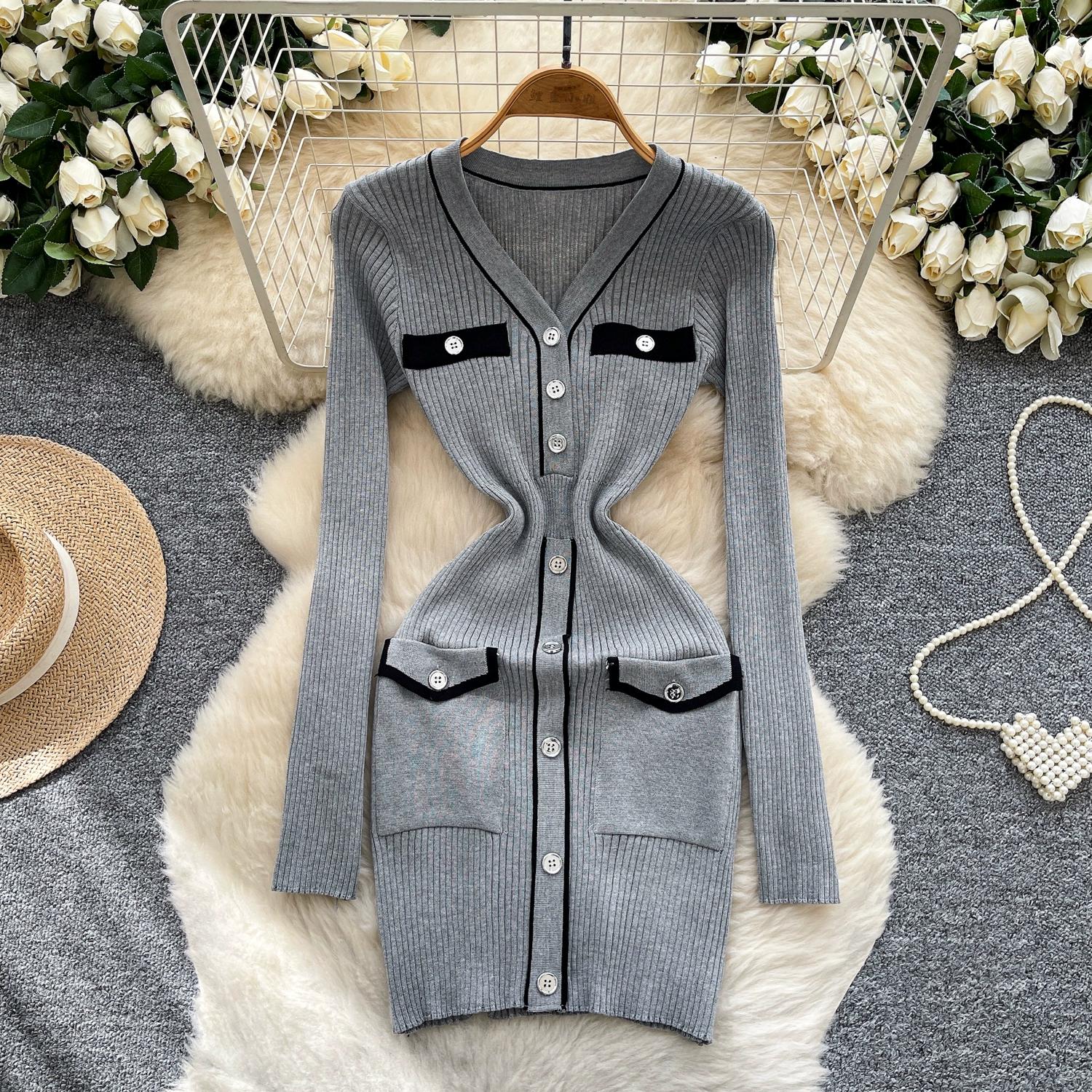 

Весна Осень Женский V-образный вырез Полный рукав Вязаный свитер Вечеринка Мини Короткий Пуловер Платья-футляры С карманом One Size серый