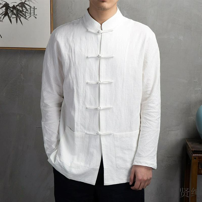 Autumn Chinese Style Disc Button Linen Shirt Men s Loose Long-sleeved Cotton and Linen Shirt Chinese Men s Retro Style Shirt S