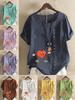 Women's Fashion Heart Shaped Floral Print Round Neck Short Sleeve T-shirt Summer Casual Cotton Linen Graphic Shirt Leisure Loose Blouse Tops