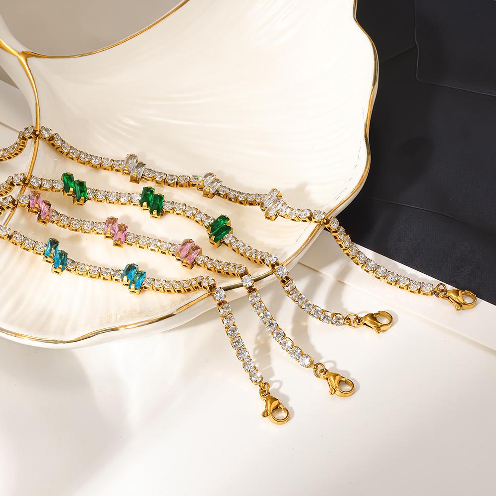 Vibrant Multicolor Baguette Zircon Tennis Bracelet Gold Plated Stainless Steel Chain Women Sparkling Bracelet