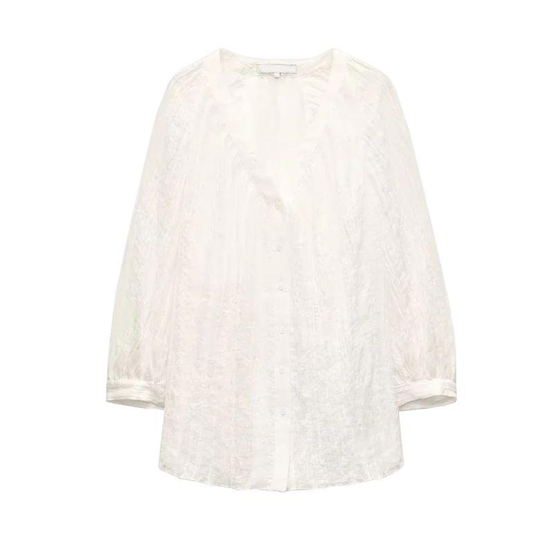 

Spring New French Lazy Style Temperament V-neck Long Sleeve Ruched Linen Blended Fluffy Shirt 8224051 White L
