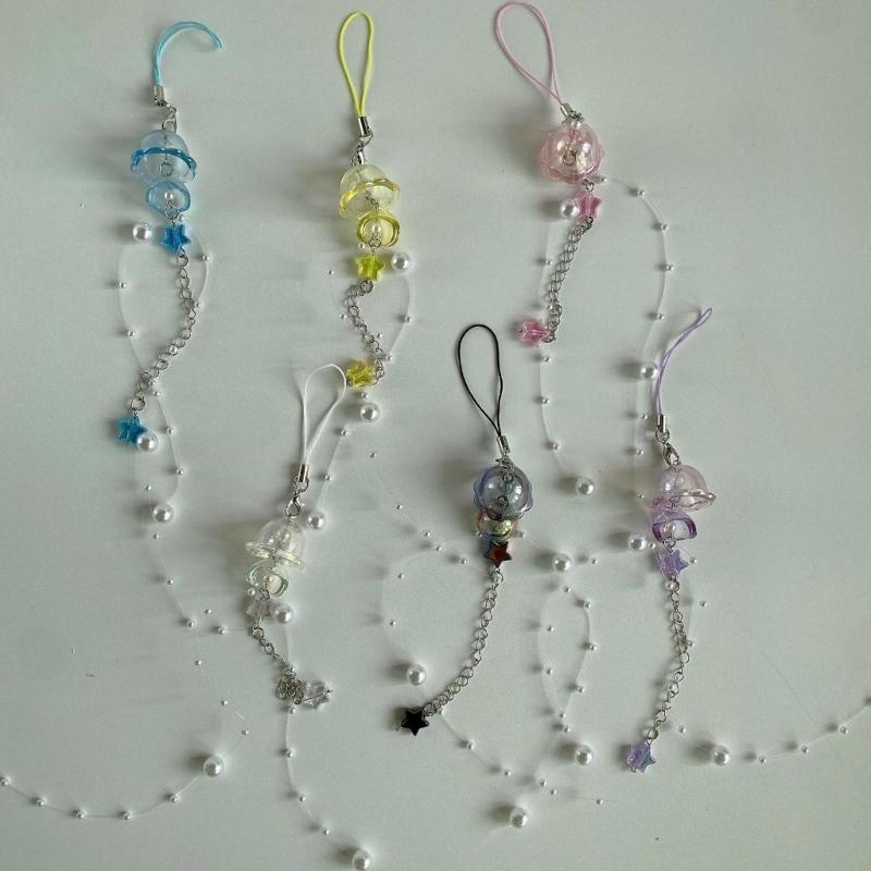 Unique Crystal Jellyfish Pendant Keychain Charming Star Pearl Mobile Phone Chain for Bags Backpack Star Phone Lanyard