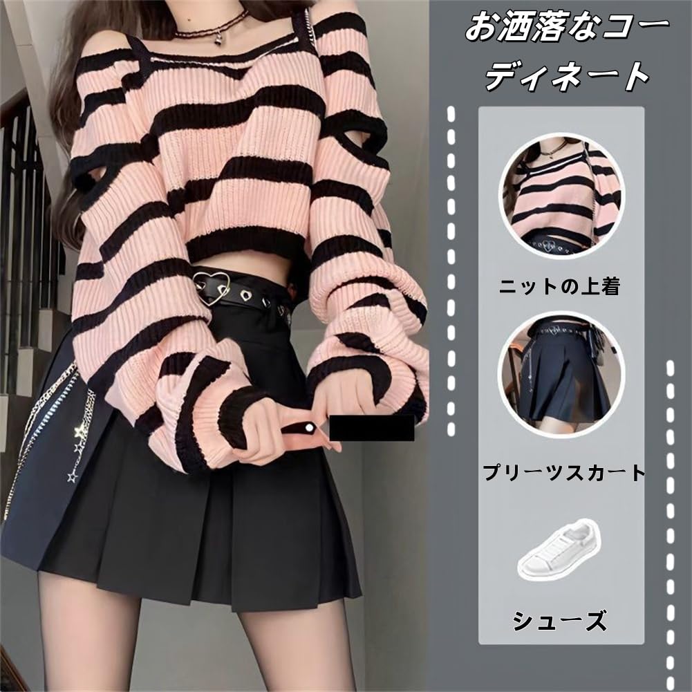 [SDSXZWG] "Jirai-kei" (Landmine-style) Knit Sweater 2-Piece Set for Women: Off-Shoulder Striped Long-Sleeve Top and Solid Color Pleated Skirt (No Belt
