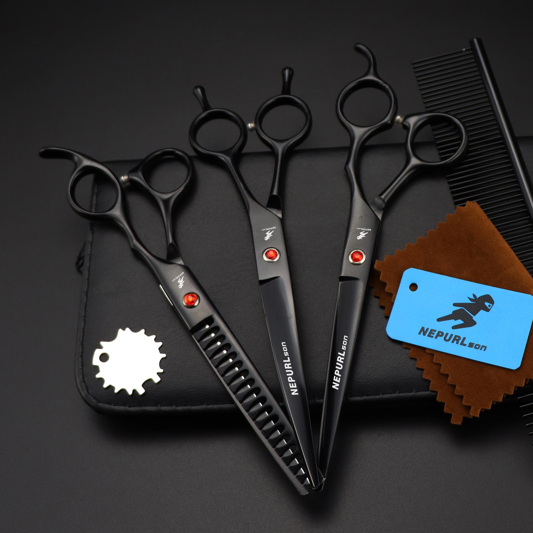 7-Inch Black 3-Piece Pet Grooming Scissors & Comb Set - Straight Shears Included
