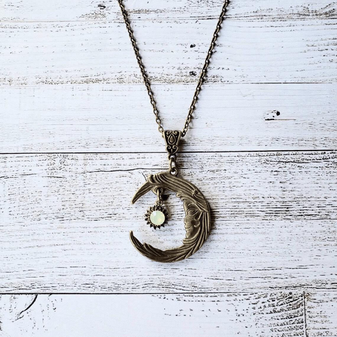 Средневековое ретро-барокко Лунный кулон-ожерелье с натуральным хрусталем
