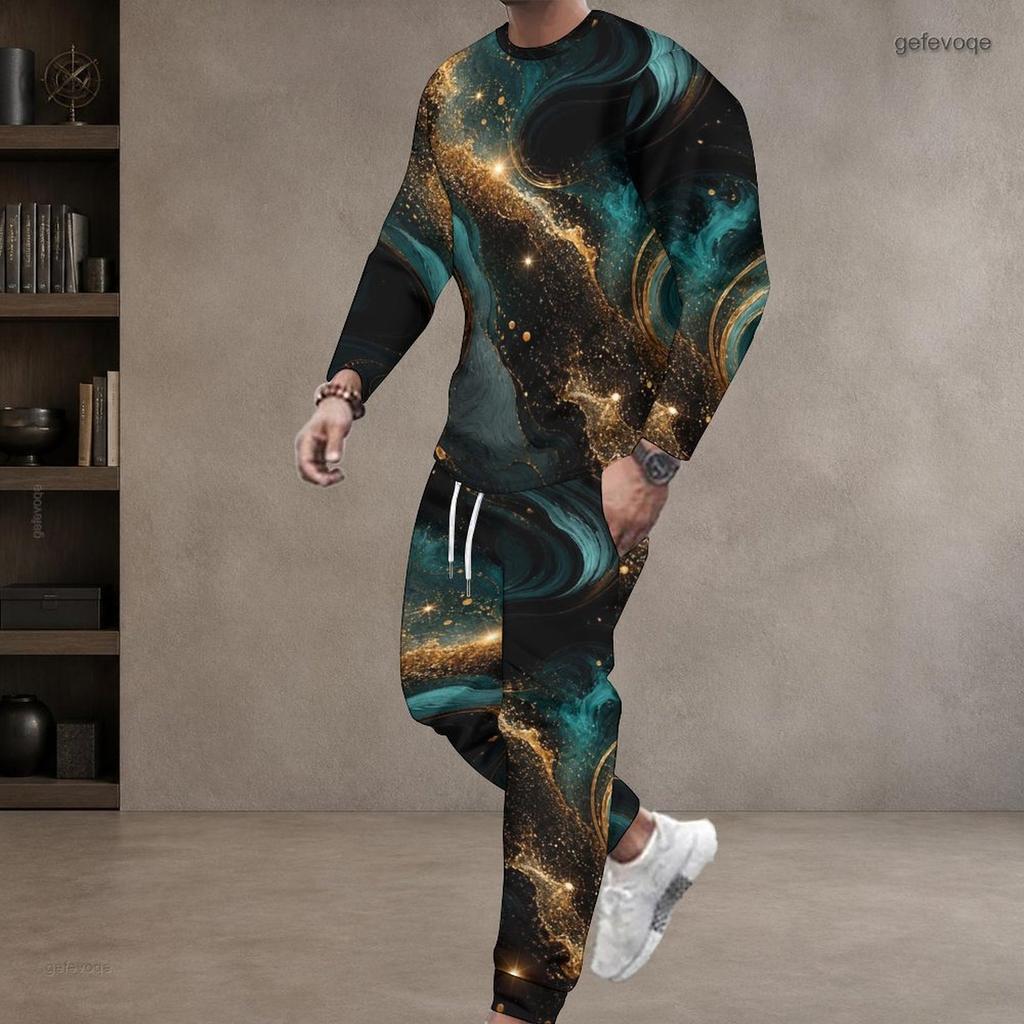 Men Plus Size Black Teal Gold Printed Two Piece Set Round Neck Long Sleeve Top Cuffed Pants