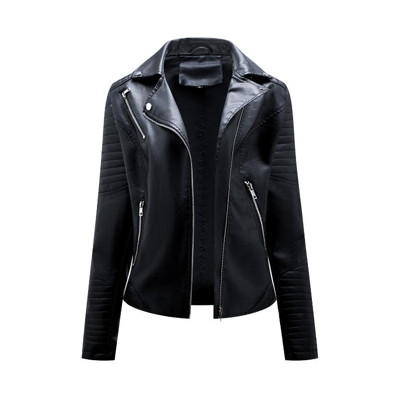 Spring and Autumn Short Leather Jacket Women's Slim Lapel Biker Jacket Diagonal Zipper Jacket Women's Coat