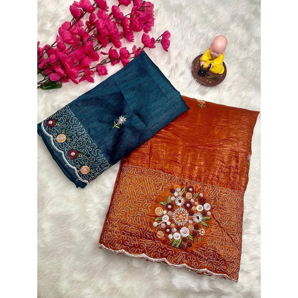 Premium  Paper Crush silk sarees with Multi thread embroidery work with sequence, Blouse (Need To Be Stitched As Per Size And Fit)