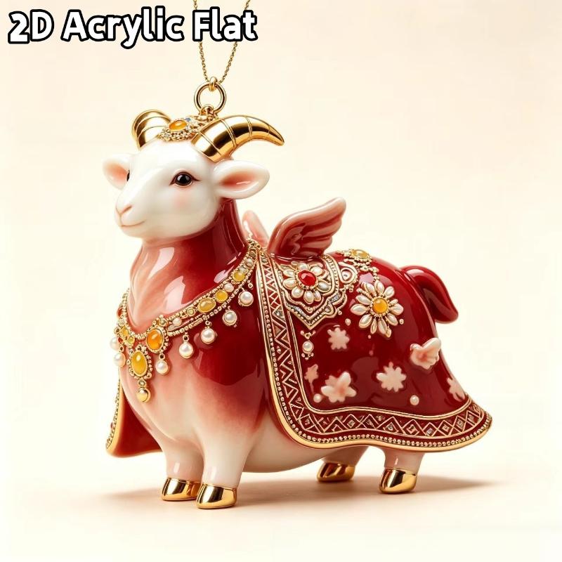 2D Flat Acrylic Christmas Hanging Pendant Red Gold Chinese Zodiac Goat Xmas Tree Ornament New Year Car Pendant