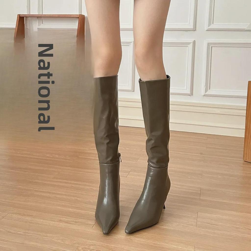 2024 Women's Luxury Gray Stiletto Boots - Slim, Pointed Heels for Autumn