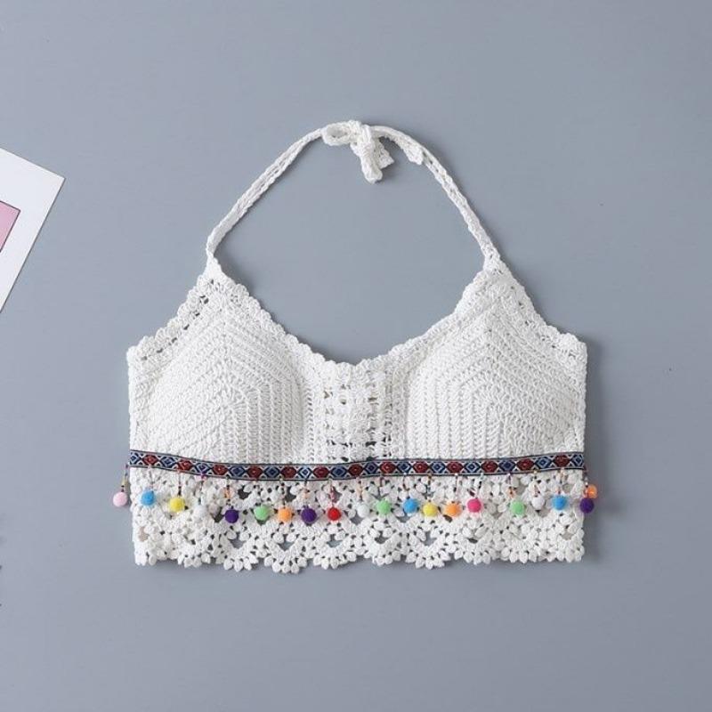 Tassel Crop Tops Retro Wild Hollow Perspective Sexy Spaghetti Strap Tanke Top Women Built In Bra New Back Lace Halter Neck