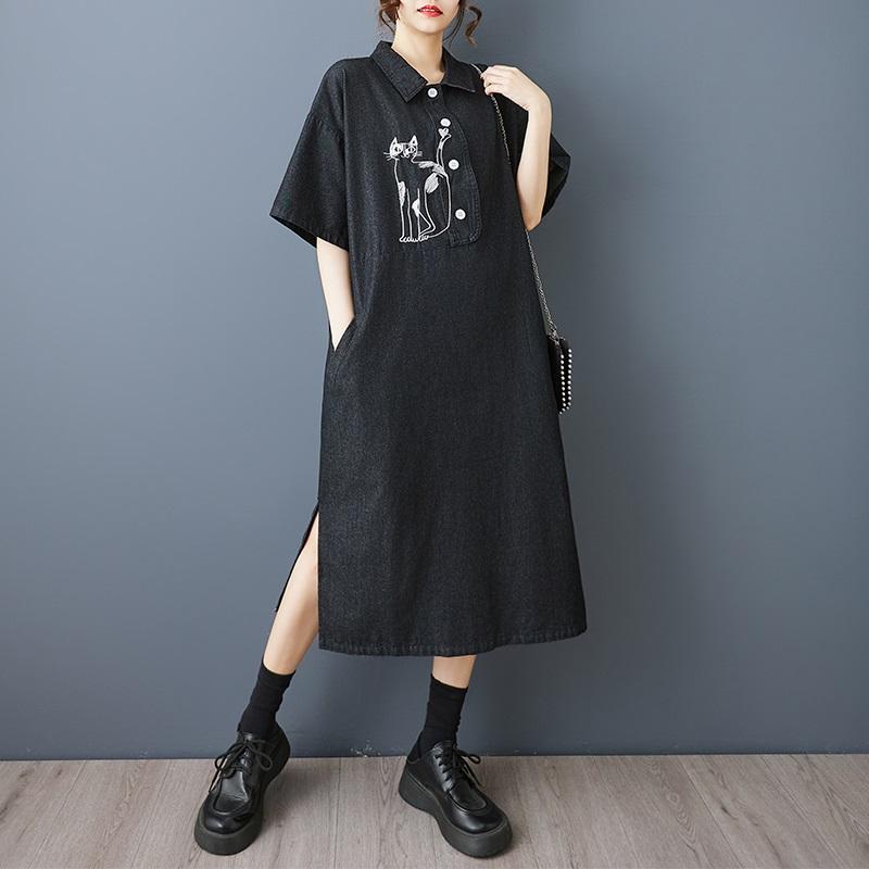 Short Sleeve Plus Size Denim Vintage Embroidery New In Dresses for Women Casual Loose Long Summer Dress