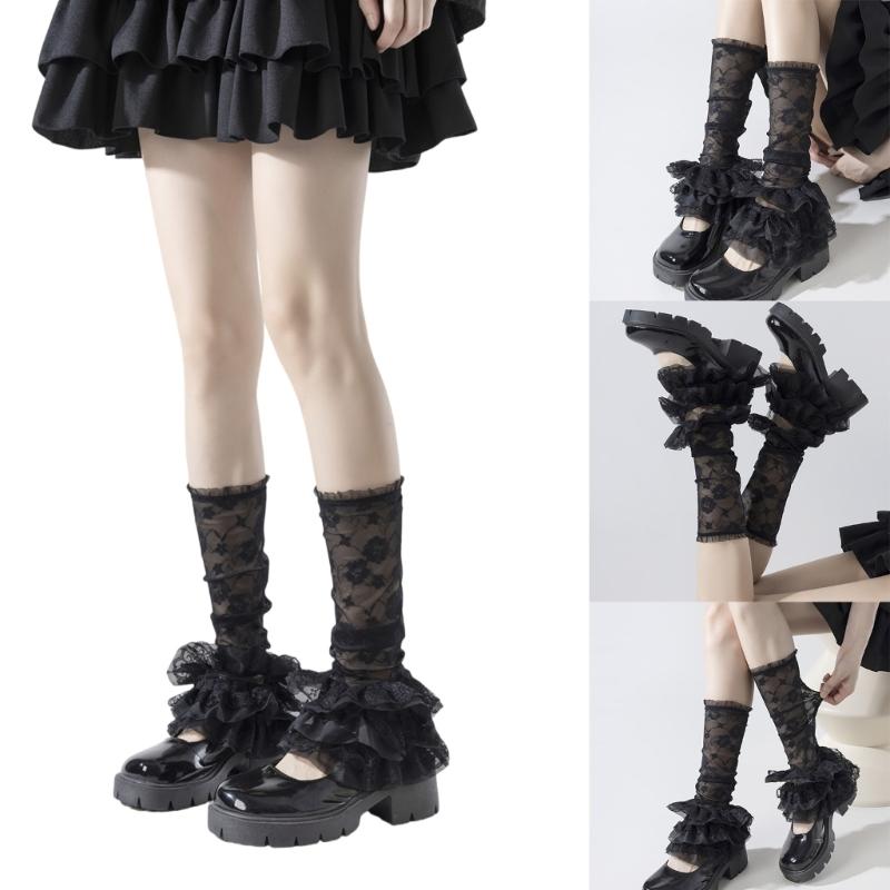 Women Ruffle Lace Leg Warmer Sweet Knee Highs Socks Mesh Flared Leg Socks Princess Leg Sleeves Halloween Costumes
