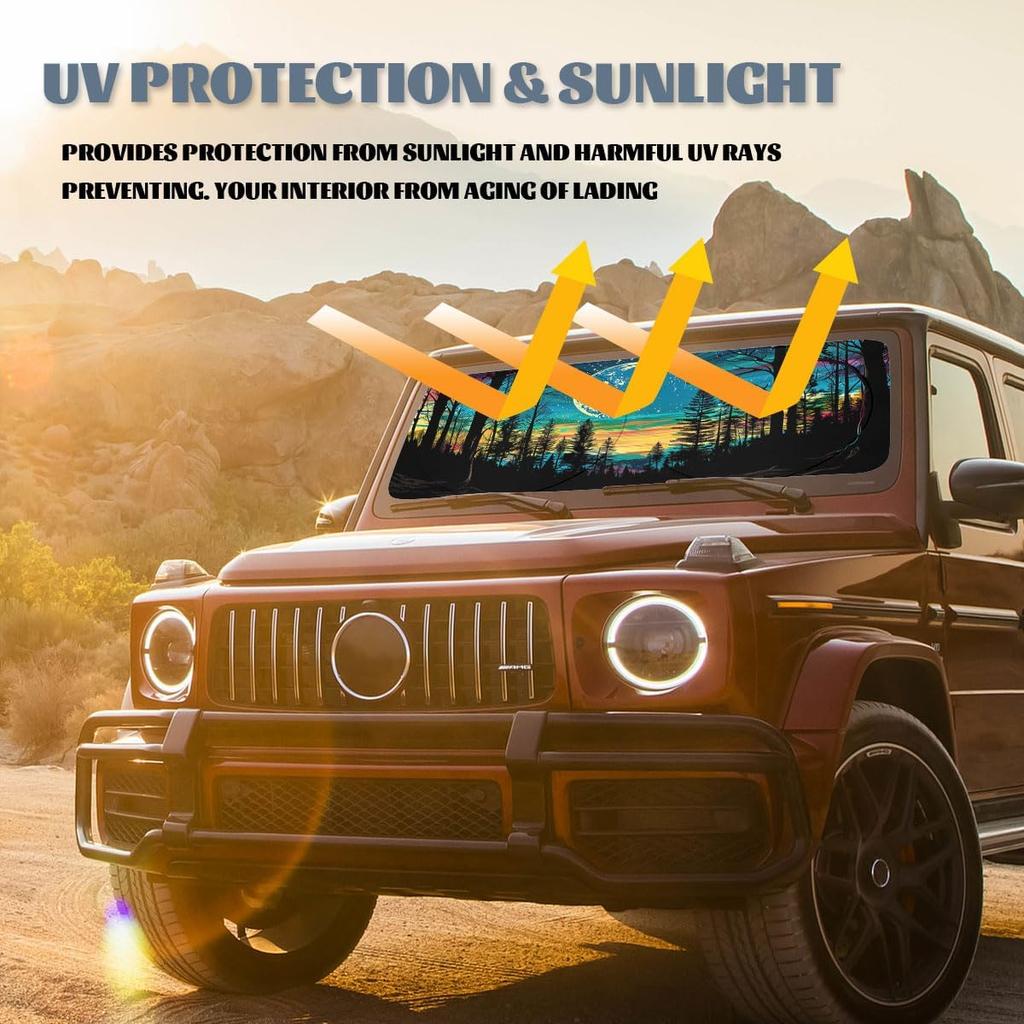 Forest Starry Sky Car Windshield Sun Shade Moon Fantasy Colorful Heatshield Front Window Car Sun Shade Blocks UV Rays Sun Visor Protector for Sedan