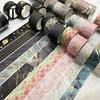 Decorative Masking Tape 3 Rolls Golden Foil Washi Tape, Retro Plaid Leaf Pattern Journal Adhesive for DIY Crafts, Journal, Planner, Scrapbooking