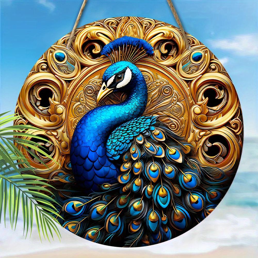 Wooden Diwali Decor Wooden Ornament - Blue Peacock Pattern Gold Background -2D Flat Products-for Door,  Farmhouse, Street, Shop, Garage, Bar,