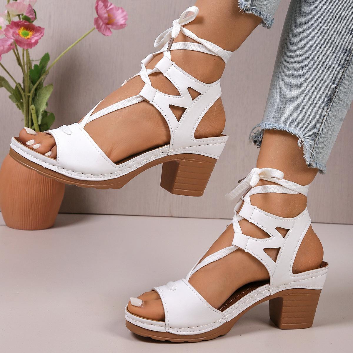 

Plus Size Block-heeled Sandals Spring and Summer New Openwork Fish Mouth Cross-strap Temperament High-heeled Women s Sandals 43 белый