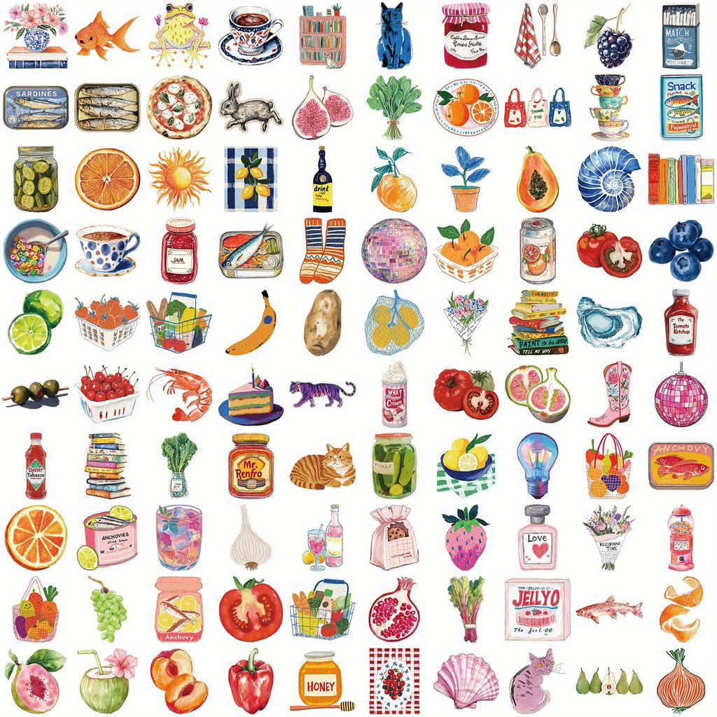 Mediterranean Vintage Stickers - Water Bottle,Laptop,Scrapbook-Christmas,Valentine’s Day,Back To School Gifts-Food Illustrations