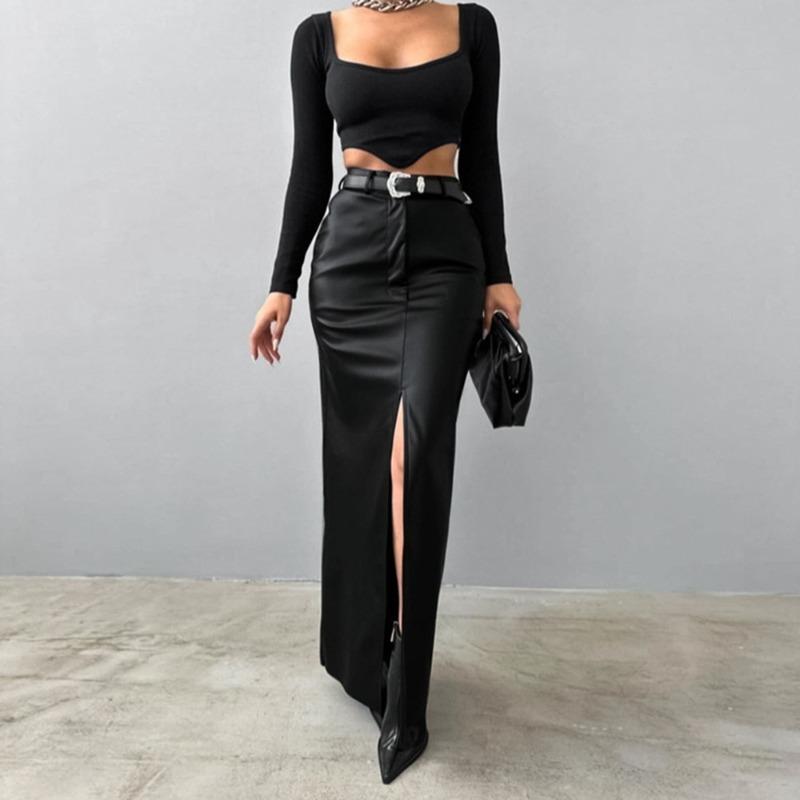 Women's Temperament Fashion PU Leather Solid Color Splicing Design Sense High Waist Slit Slim Long Skirt