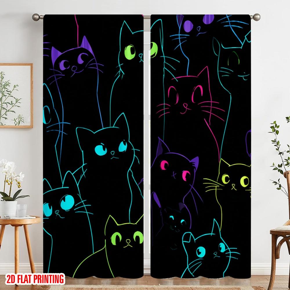 Set Of 2 Flat Printing Window Curtains Cute Black Cats Kawaii Polyester Without Electricity Festive Wall Decor Po Booths Curtain