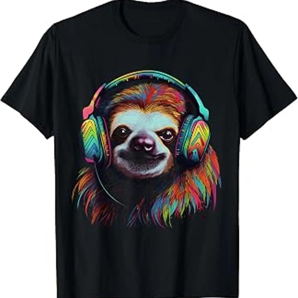 Image Of Sloth Artwork Music Colourful Animal Headphones T Shirt Vintage Stylish Versatile Homme Soft Designer Clothes