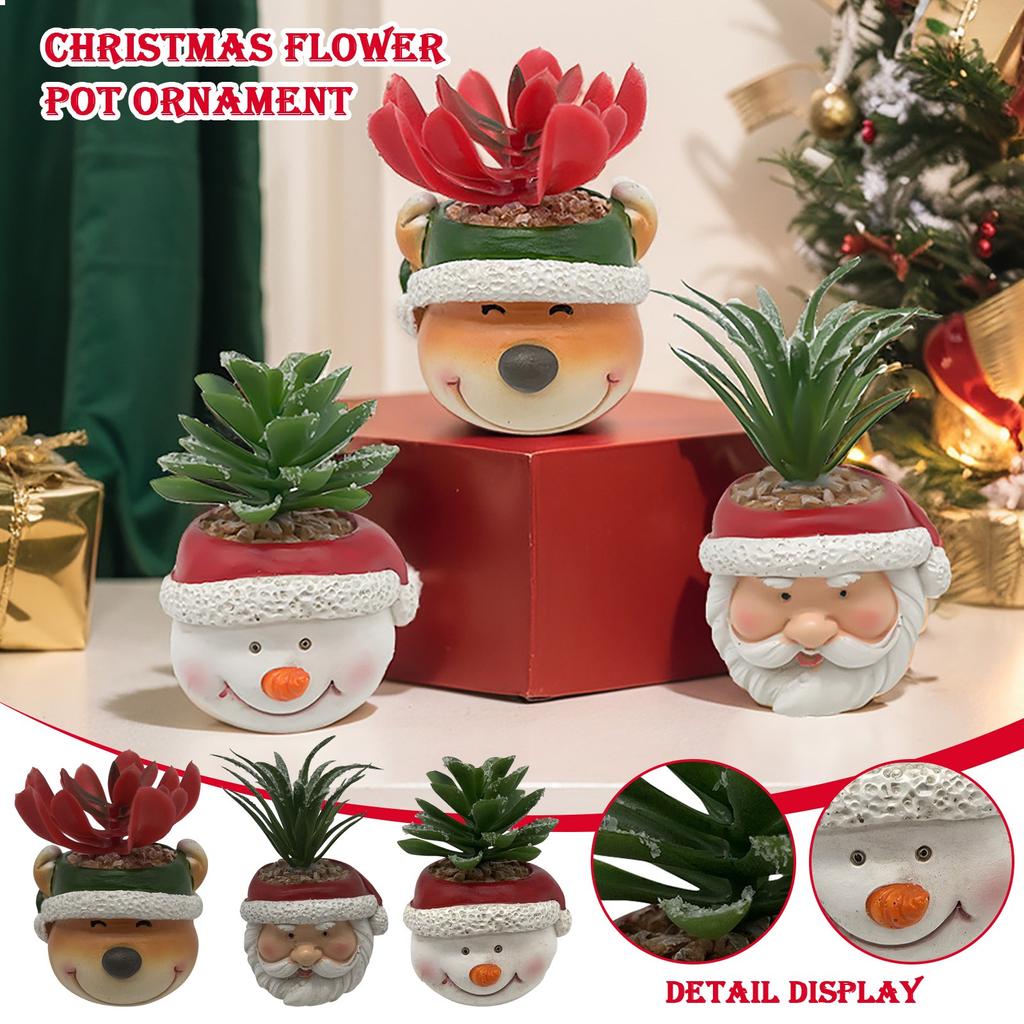 Christmas Artificial Succulent Plants In Pots Resin Fake Flower Planter Santa Snowman Small Faux Pot Plants Christmas Decoration
