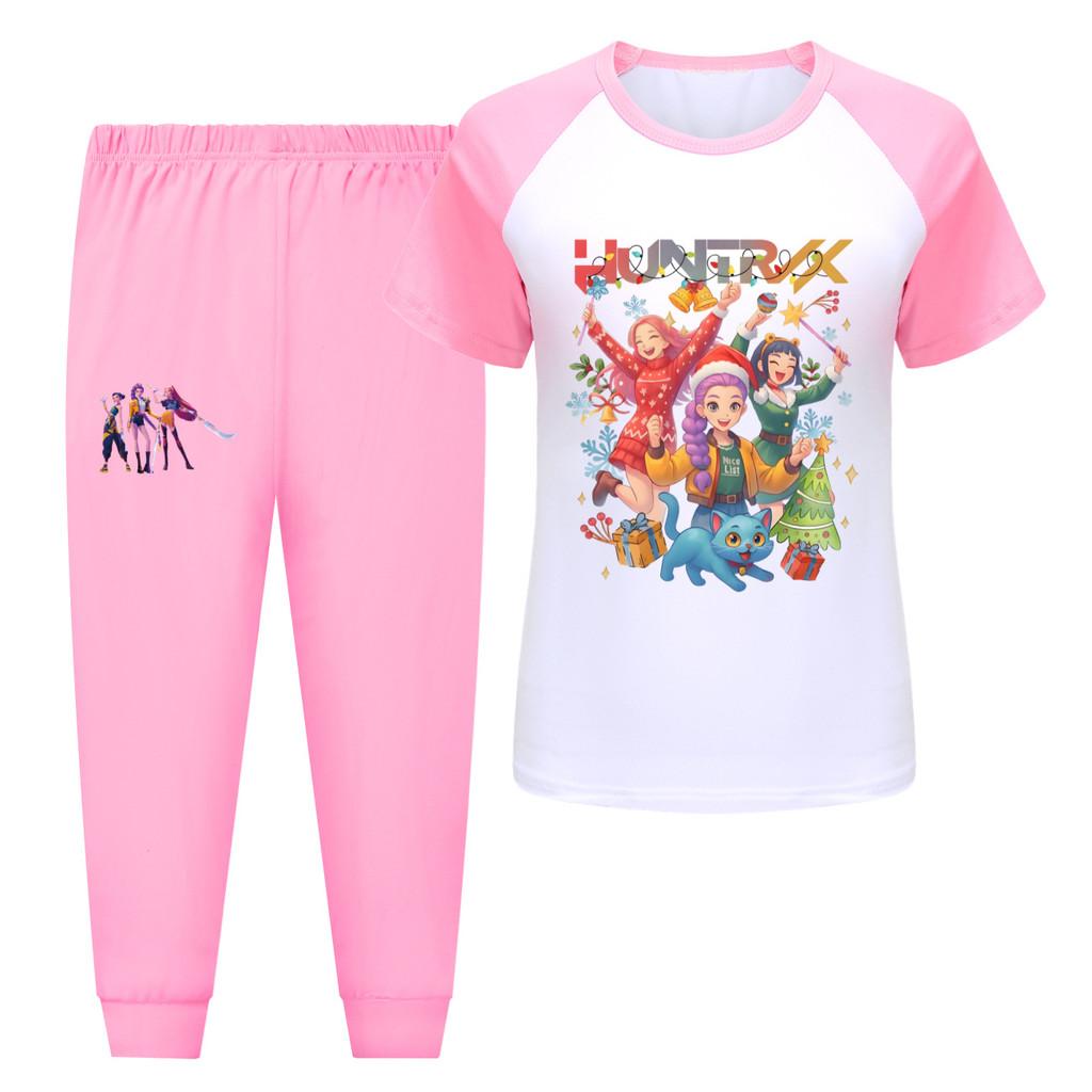 

5087 Детский комплект для девочек футболка с принтом Rumi Zoey Mira Hunters, брюки 170cm розовый
