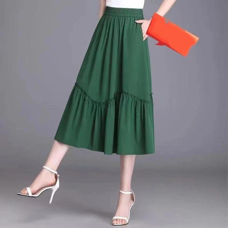 Women's Casual Khaki Flowy Ruffled Midi Skirt with Side Pockets