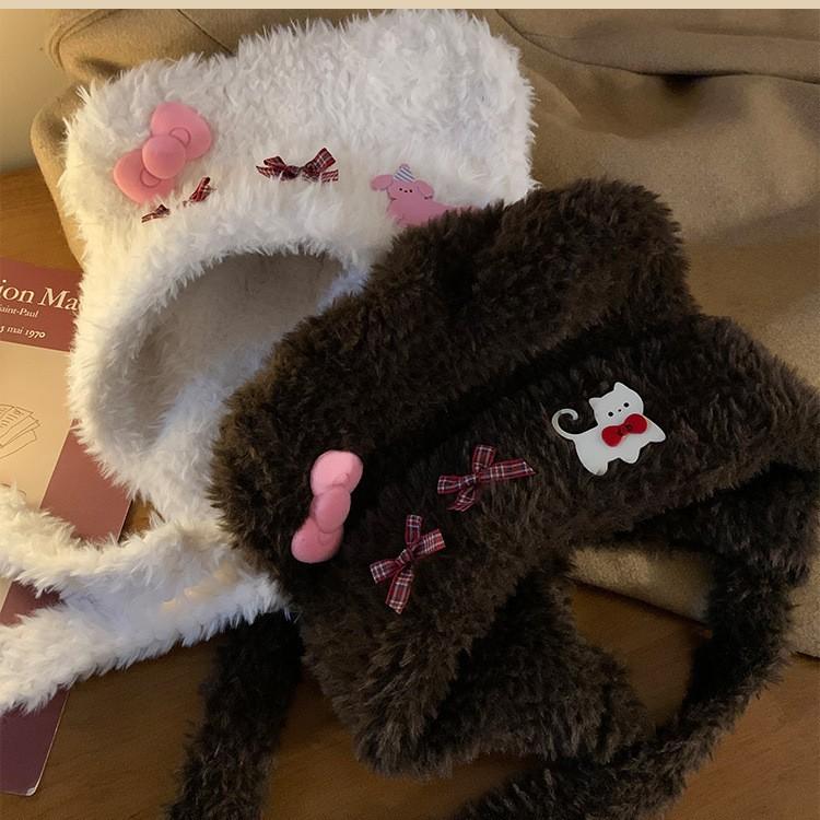 Cute bear ears cat bow plush hat female thickened warm face small hat Lei Feng hat