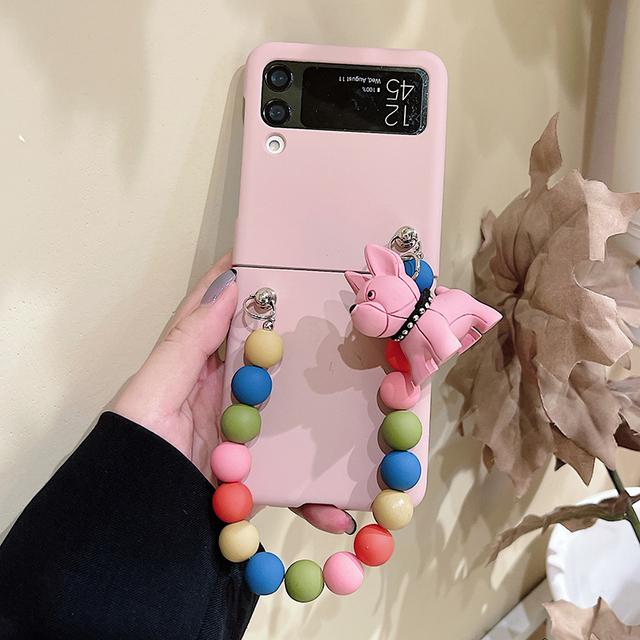 Cute 3d Cartoon Dog Charm Phone Case For Samsung Galaxy Z Flip 3 5g Korea Solid Color Beads Bracelet Full Protection Cover