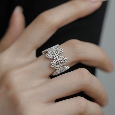925 Silve Lace Hollowed Out Retro Ring for Women Girl Gift Flower Adjustable Irregular Jewelry