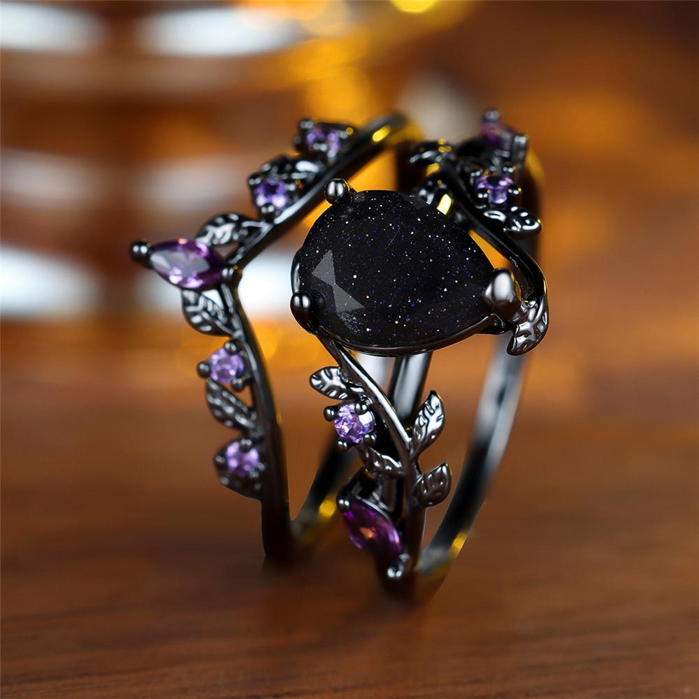 Charm Female Purple Zircon Stone Engagement Ring Set Vintage Black Gold Color Bridal Wedding Bands Party Jewelry For Women