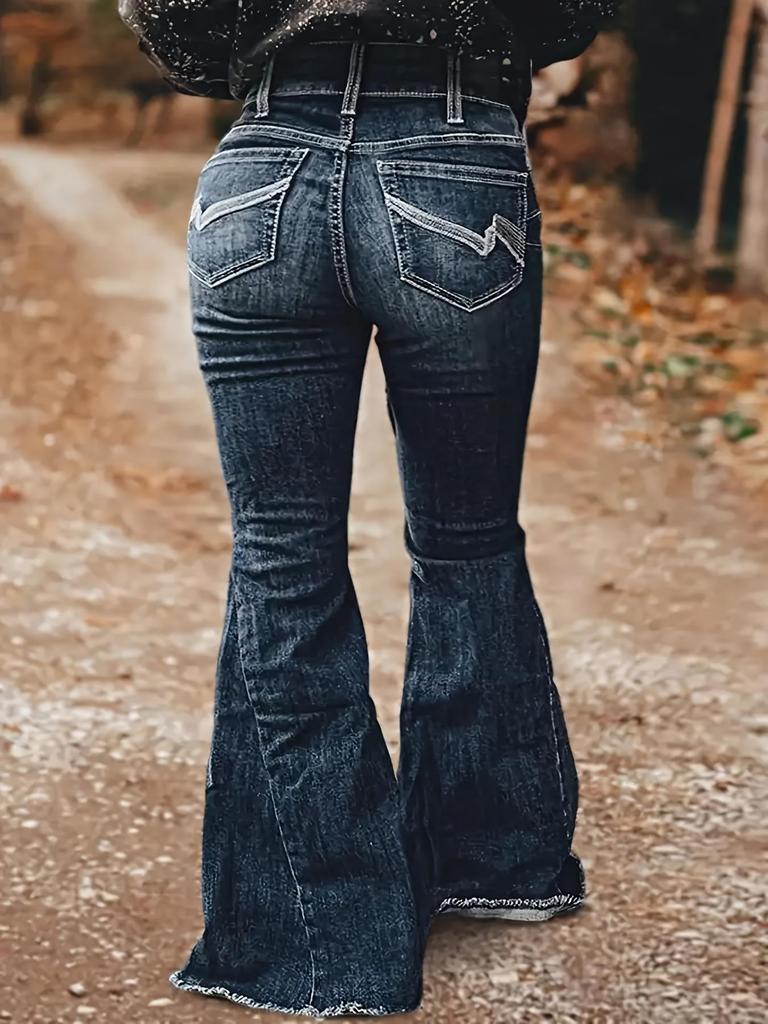 European Retro Mid-Waist Stretch Wide-Leg Embroidered Denim Jeans for Women