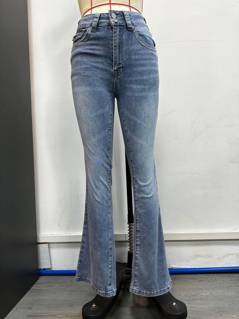 Women's Elastic High Waist Washed Denim Casual Pants