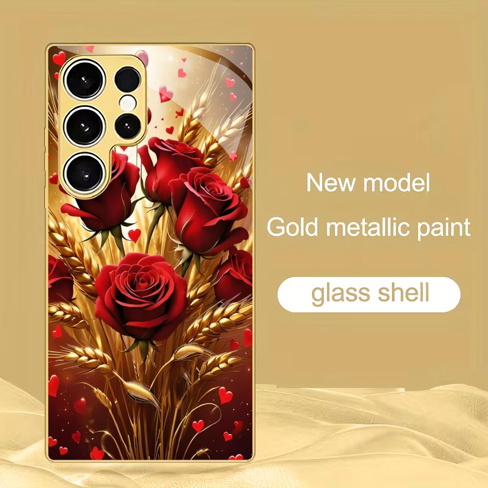 

Red rose gold plated glass phone case suitable for Samsung Galaxy S26 S25 S24 S23 S22 S21 S20 FE/Ultra/Plus anti drop back cover GalaxyS24FE