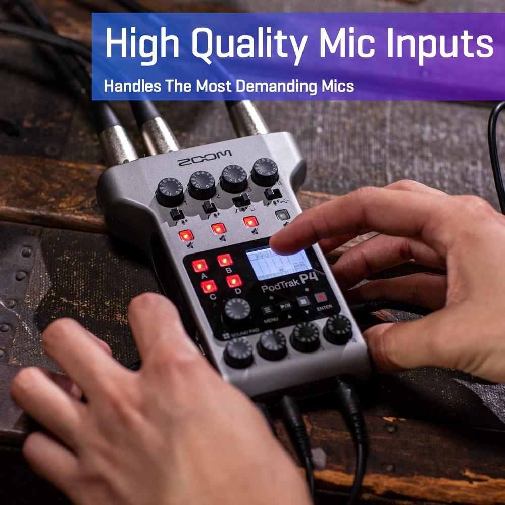 Zoom PodTrak P4 Portable Podcast Recorder Battery-powered 4 Microphone Inputs Phone Call Guest Remote Interviews 4 Headphone Outputs Sound Pads