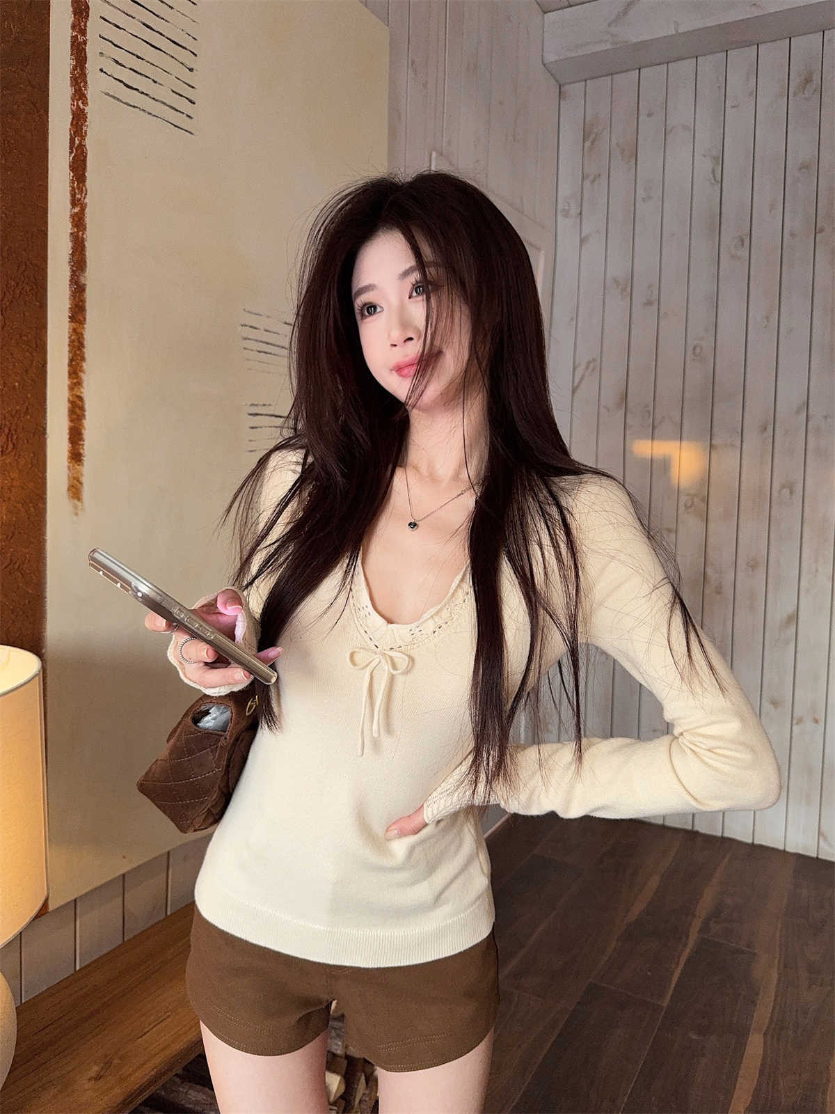 

Чистое желание бант кружевной воротник облегающий Энди флисовый вязаный свитер женский осенне-зимний топ L абрикосовый