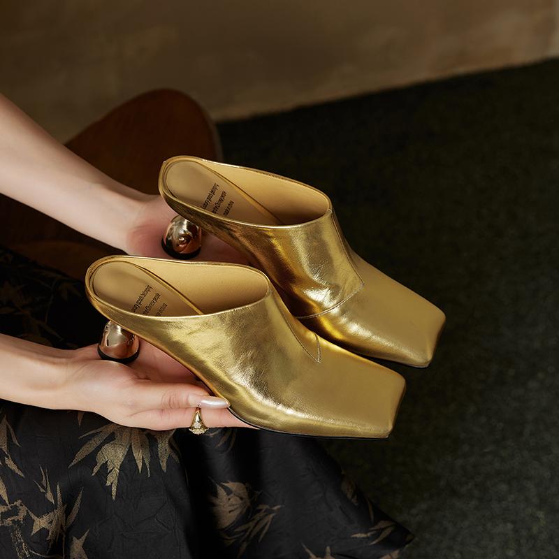 Fashion 2025 Women's New Spring/Summer Square Toe Genuine Leather Sheepskin Baotou High Heel Large Muller Half Slippers Heels Women