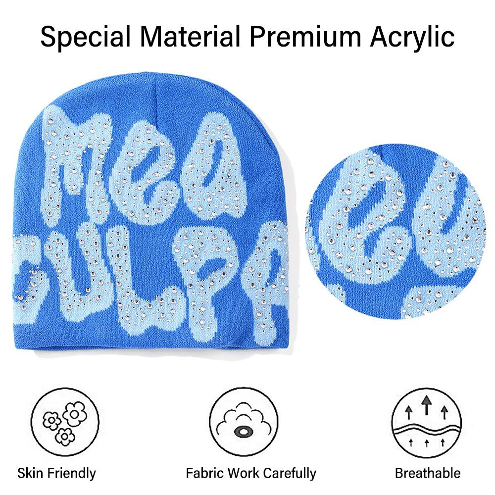 Warm MEA Culpa Beanies Hat with Rhinestone Knitted Slouchy Cap y2k Beanies Hats for Women Men