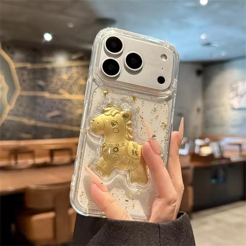 Clear Bling Bling Glitter Gold Horse Phone Case for iPhone 17 Air 16 15 14 13 12 11 Pro Max Plus Shockproof Protector Cover