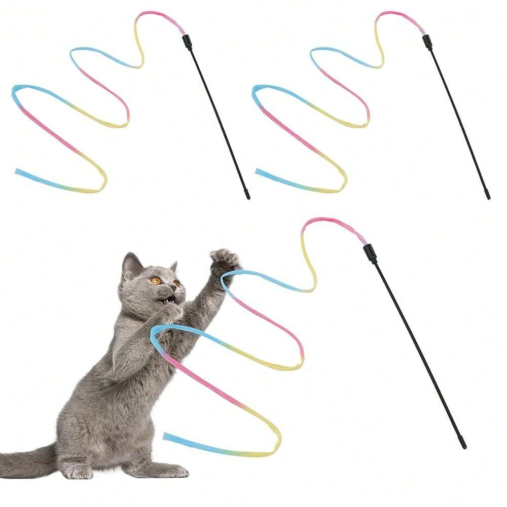 Wand Rainbow Toy, 3pcs Rainbow Ribbon Cat Wand For Kittens Training Rainbow Ribbon Cat Interactive Catcher Wand Stick Toy For K