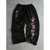 Men's Japanese Cherry Blossom Printed Black Running Pants with Pink Flower Pattern Wide Version