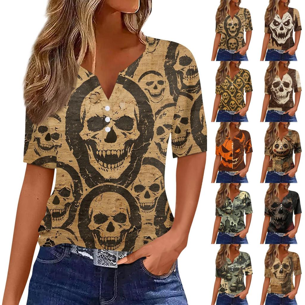 Women V Neck Short Sleeve Skull Print Tops Casual Holiday Graphic Tees Loose Fit Distressed Style T Shirt Blouses