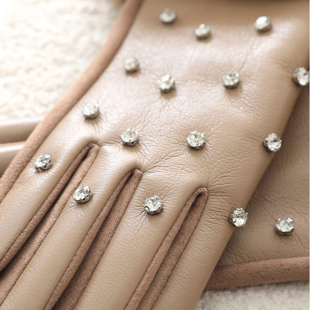 Plush Rhinestone Winter Gloves Velvet Women Warm Mittens All-Match Pu Leather Gloves  Autumn